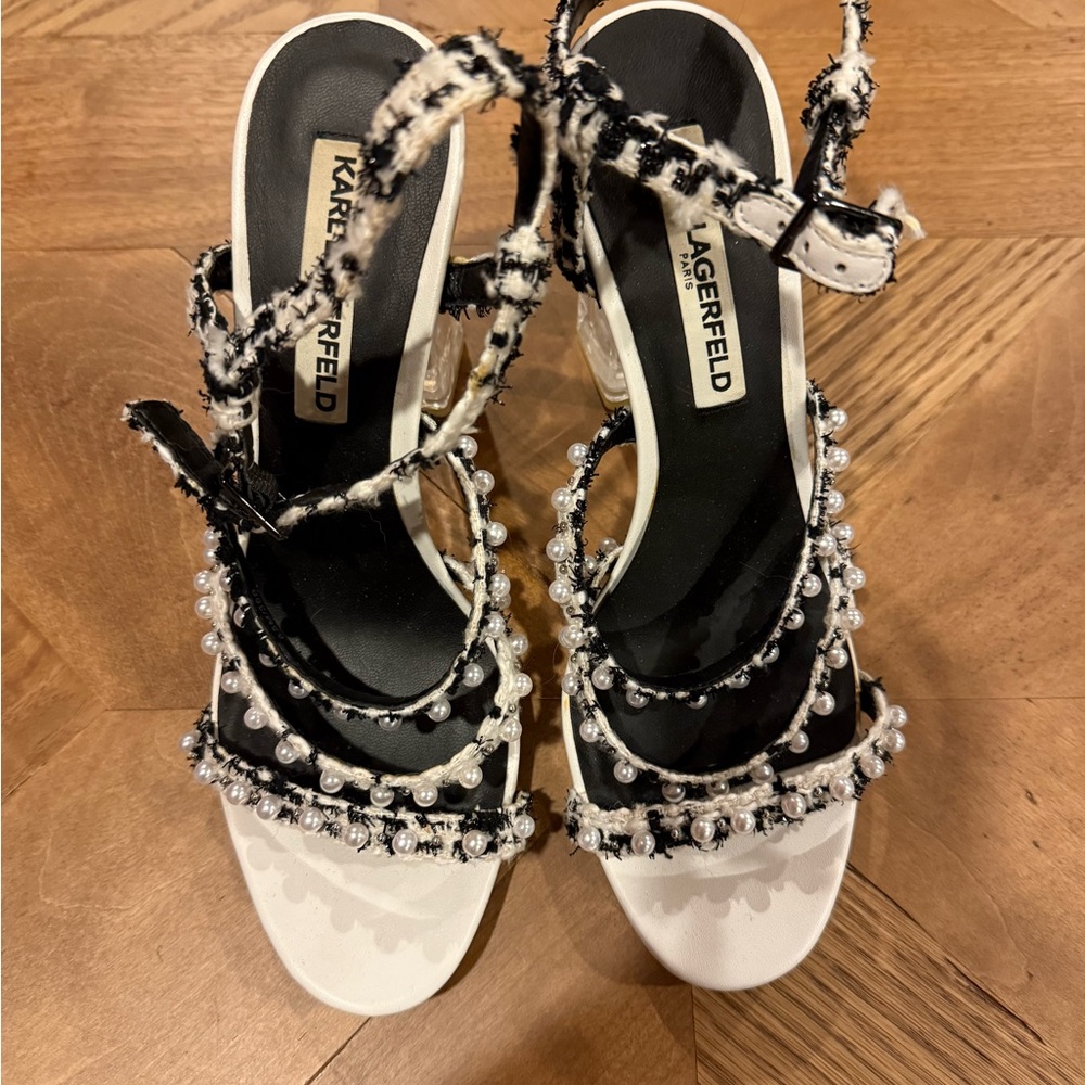 Karl Lagerfeld Black and White Pearl Embellished Sandals